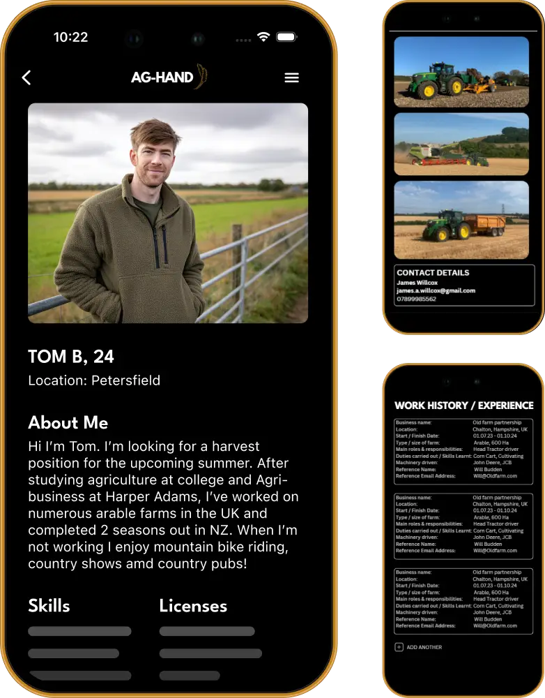 AG-HAND employer app screenshots showing job posting interface and worker profile viewing features